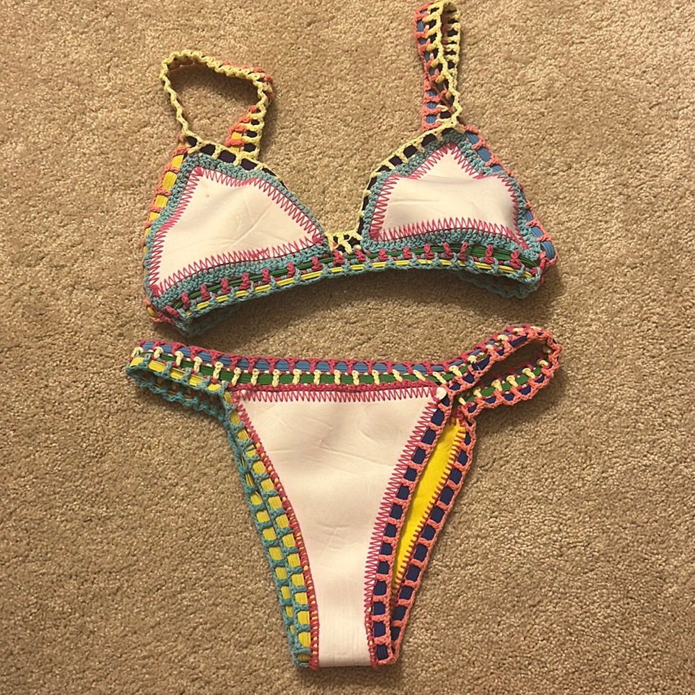 Knit bikini size small. So cute and from a boutique in NC.